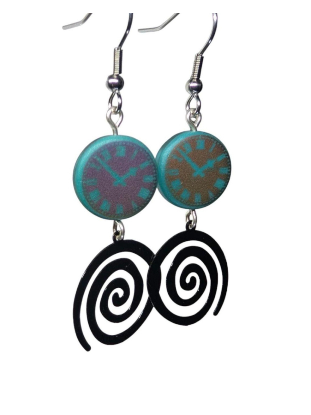 Time Travel Clock Earrings, Timey Wimey Jewelry, Czech Glass Clock Dangle - Picture 5 of 6